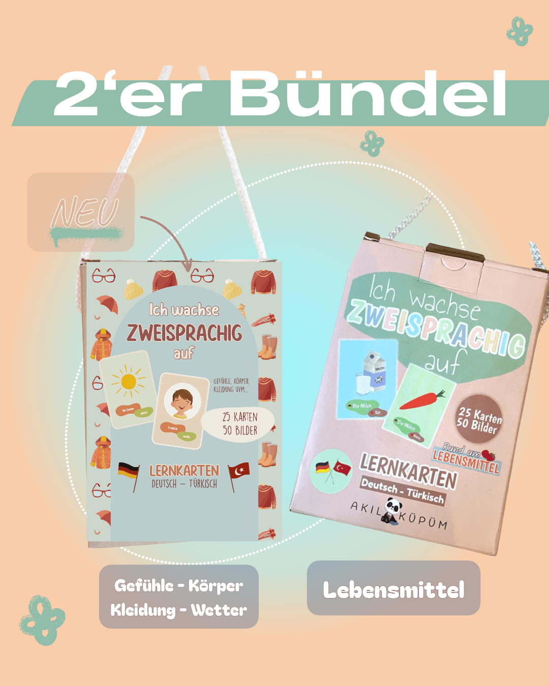 Bündel- Paket Lernkarten Lebensmittel + Gefühle, Körper, Kleidung (NEU) - Ich wachse zweisprachig auf Deutsch - Türkisch